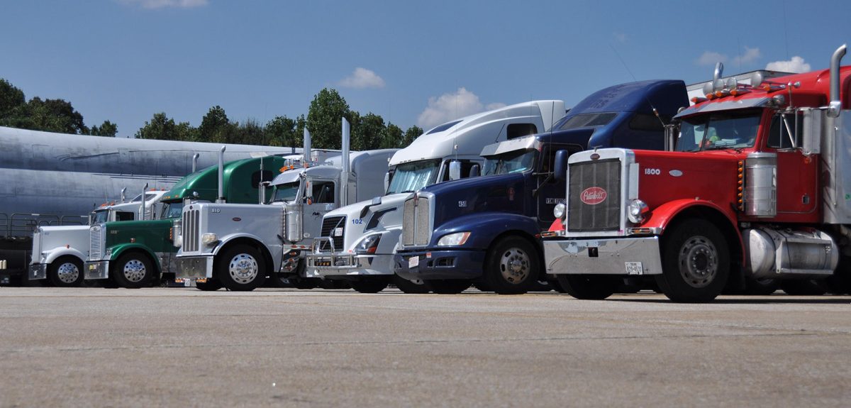 Trucks parked at a rest stop in the sun.